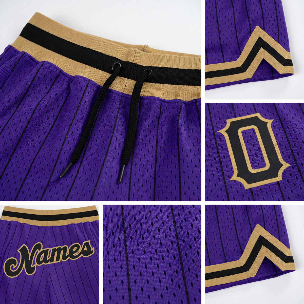 Custom Purple Black Pinstripe Black-Old Gold Authentic Basketball Shorts detail