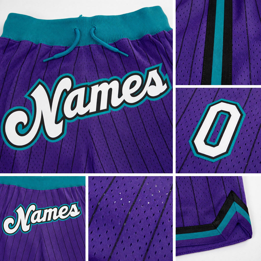 Custom Purple Black Pinstripe White-Teal Authentic Basketball Shorts detail