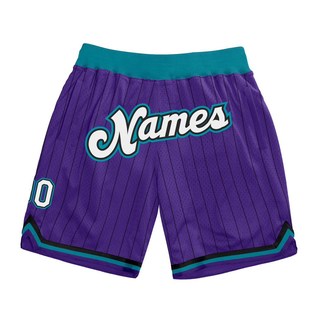 Custom Purple Black Pinstripe White-Teal Authentic Basketball Shorts photo 1