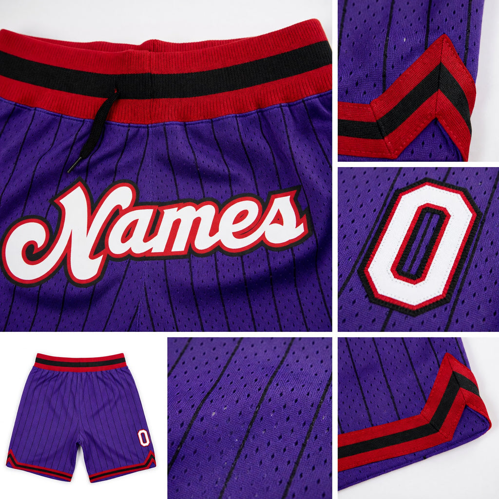 Custom Purple Black Pinstripe White-Red Authentic Basketball Shorts detail