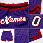 Custom Purple Black Pinstripe White-Red Authentic Basketball Shorts detail