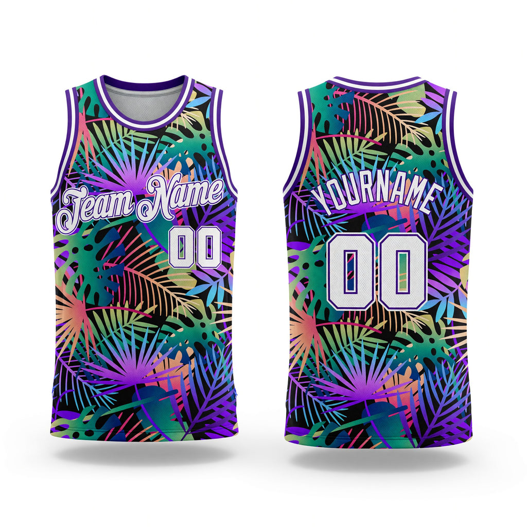 Custom Purple White-Purple 3D Pattern Tropical Hawaii Plants Authentic Basketball Jersey