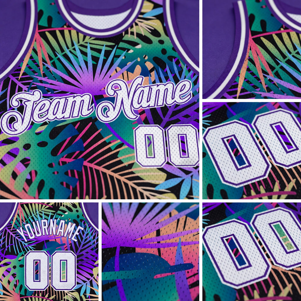 Custom Purple White-Purple 3D Pattern Tropical Hawaii Plants Authentic Basketball Jersey detail