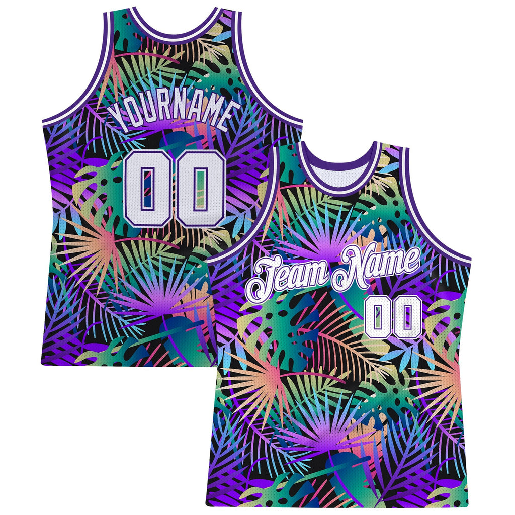 Custom Purple White-Purple 3D Pattern Tropical Hawaii Plants Authentic Basketball Jersey photo 1