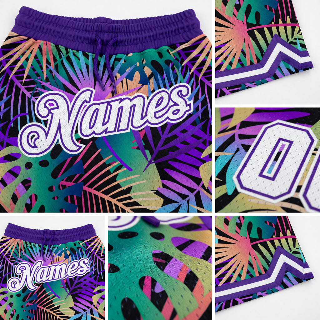 Custom Purple White-Purple 3D Pattern Design Tropical Palm Leaves Authentic Basketball Shorts detail