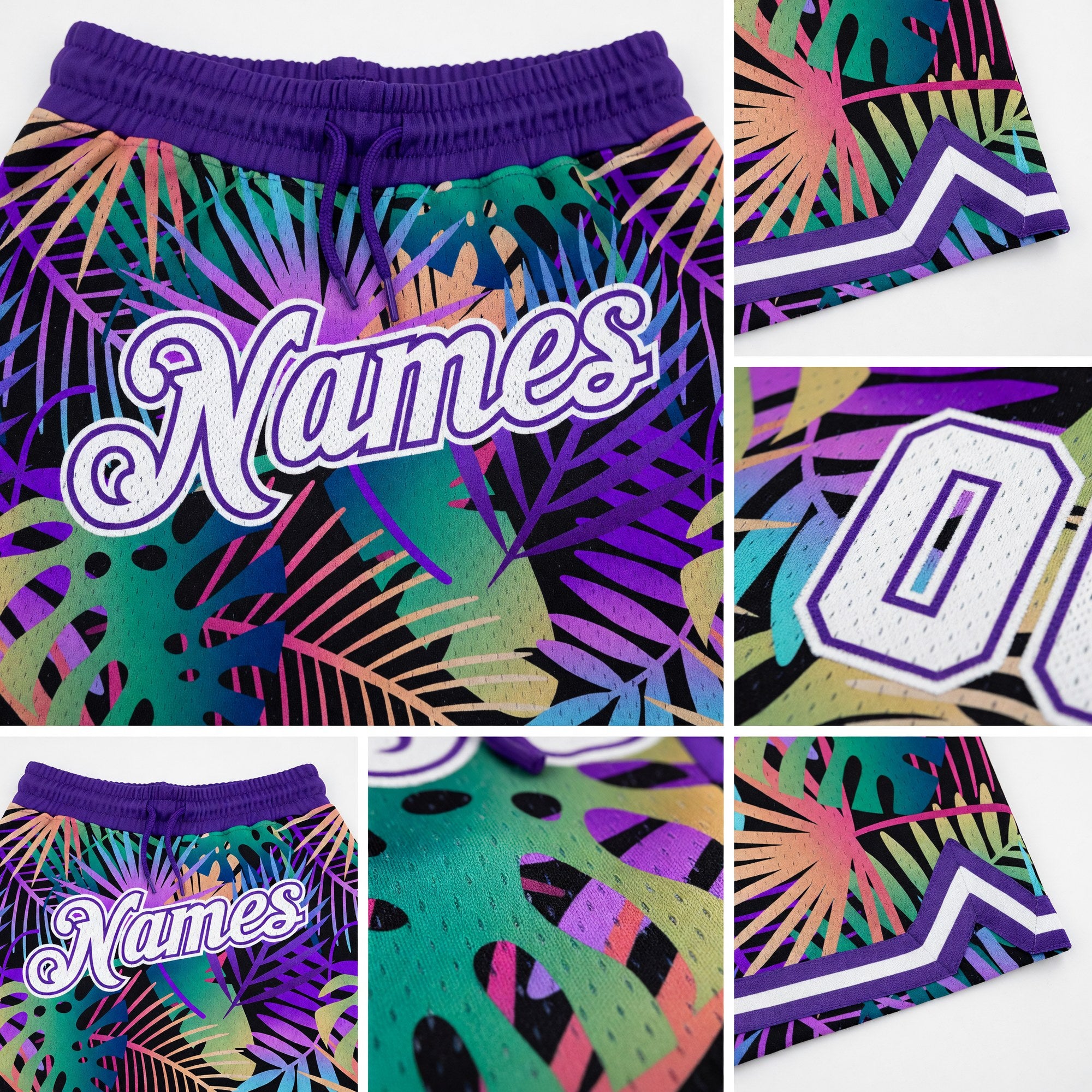 Custom Purple White-Purple 3D Pattern Design Tropical Palm Leaves Authentic Basketball Shorts detail