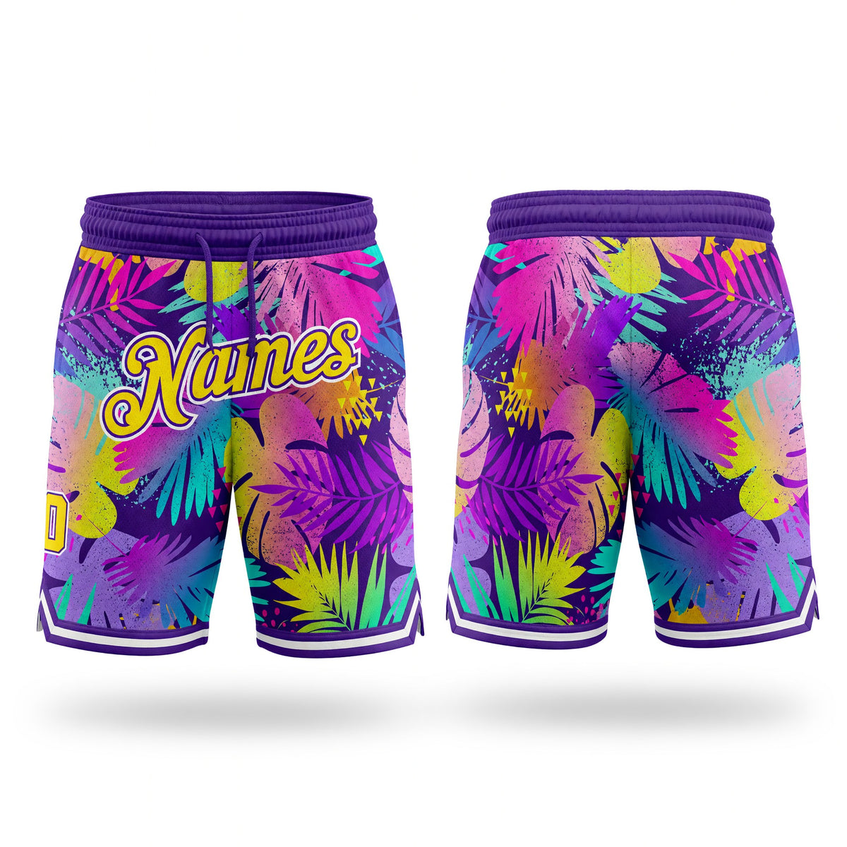 Custom Purple Gold-White 3D Pattern Design Tropical Palm Leaves Authentic Basketball Shorts