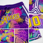 Custom Purple Gold-White 3D Pattern Design Tropical Palm Leaves Authentic Basketball Shorts detail
