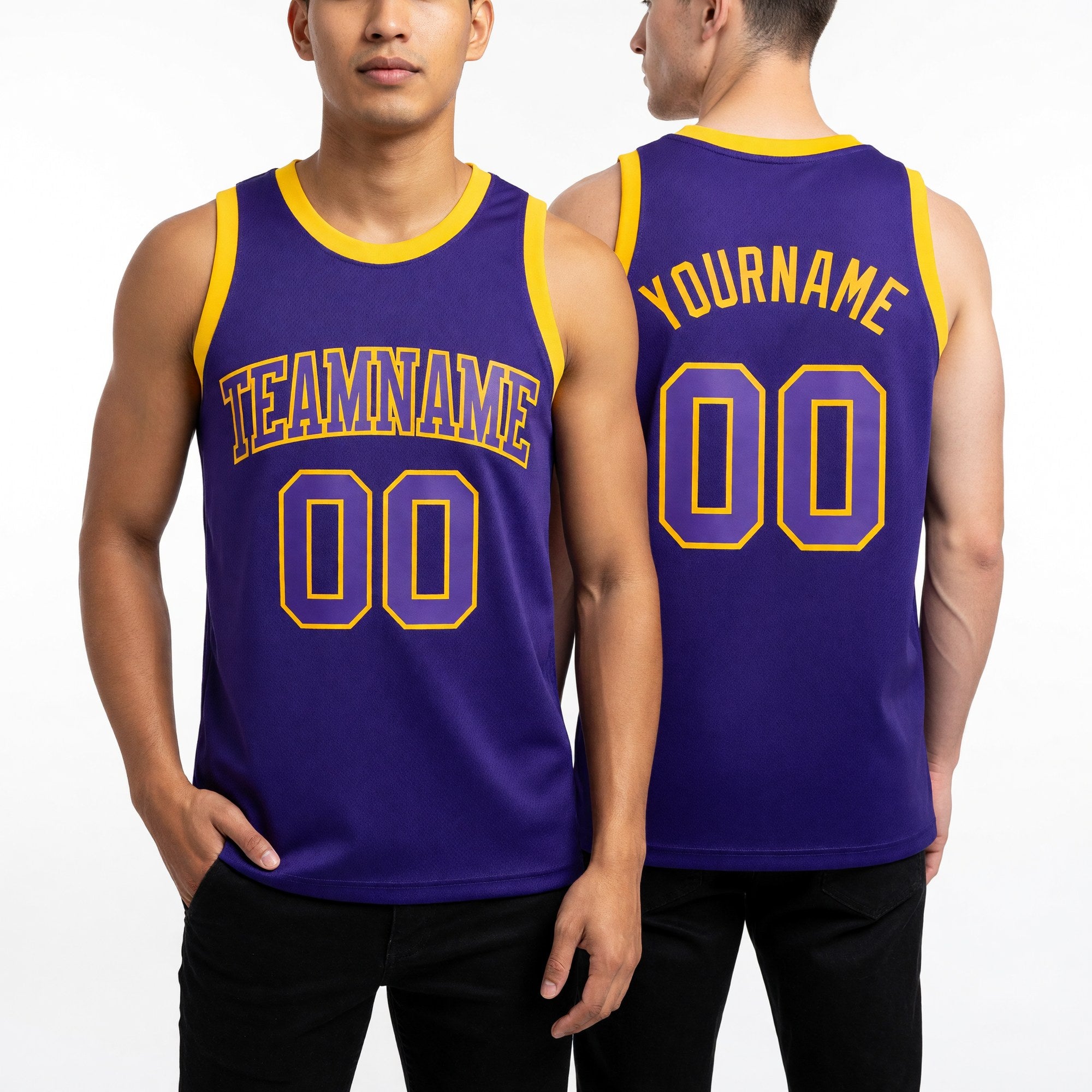 Custom Purple Purple-Gold Authentic Throwback Basketball Jersey worn front and back