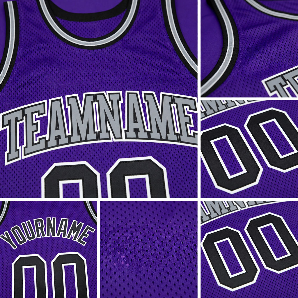 Custom Purple Black-White Authentic Throwback Basketball Jersey detail