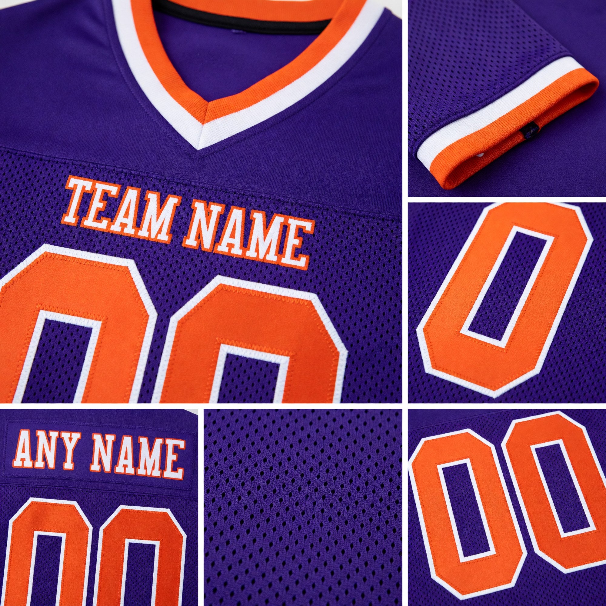 Custom Purple Orange-White Mesh Authentic Throwback Football Jersey detail