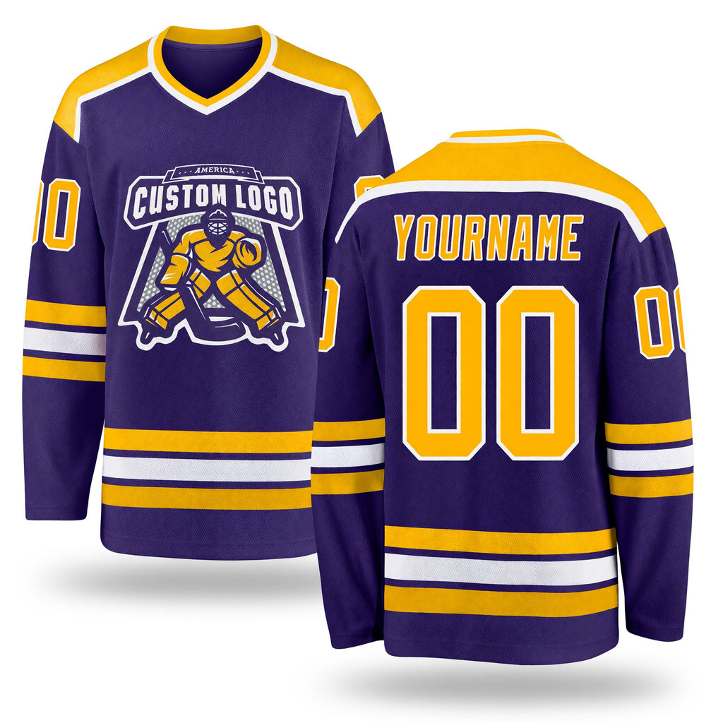 Custom Purple Gold-White Hockey Jersey