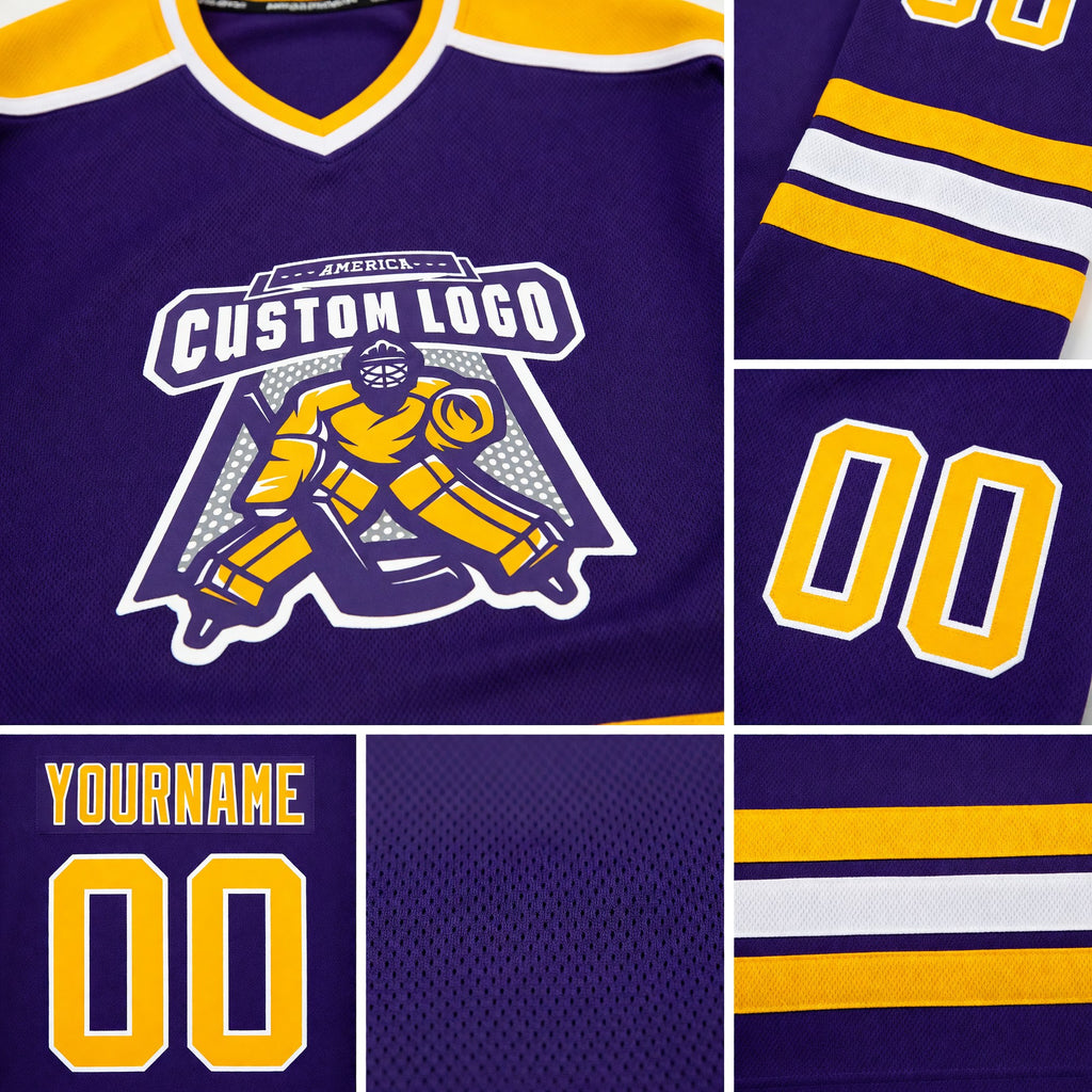 Custom Purple Gold-White Hockey Jersey detail