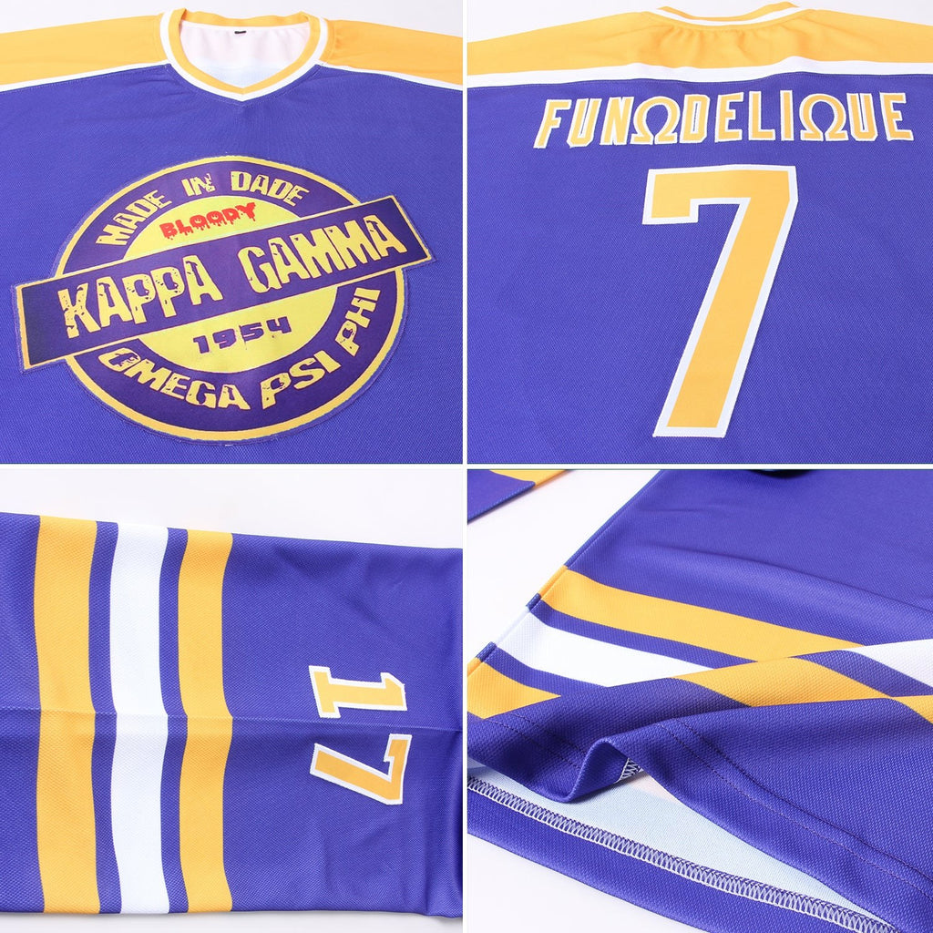 Custom Purple Gold-White Hockey Jersey photo 4