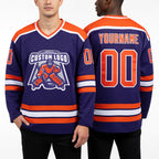Custom Purple Orange-White Hockey Jersey worn front and back