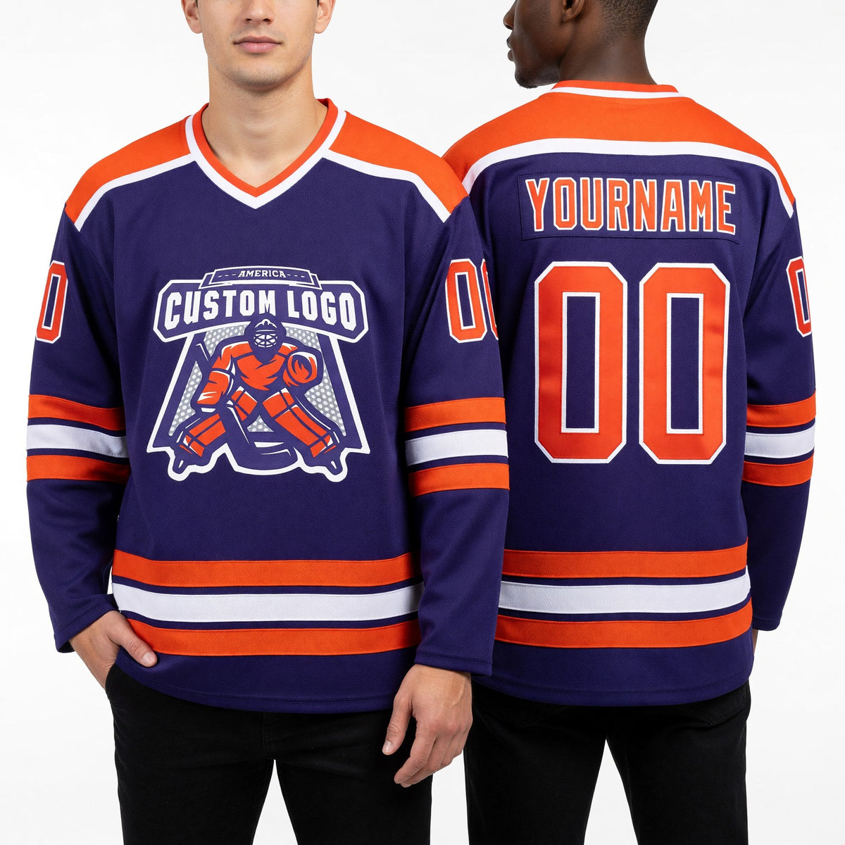 Custom Purple Orange-White Hockey Jersey worn front and back