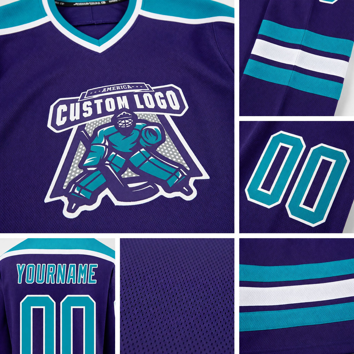 Custom Purple Teal-White Hockey Jersey detail