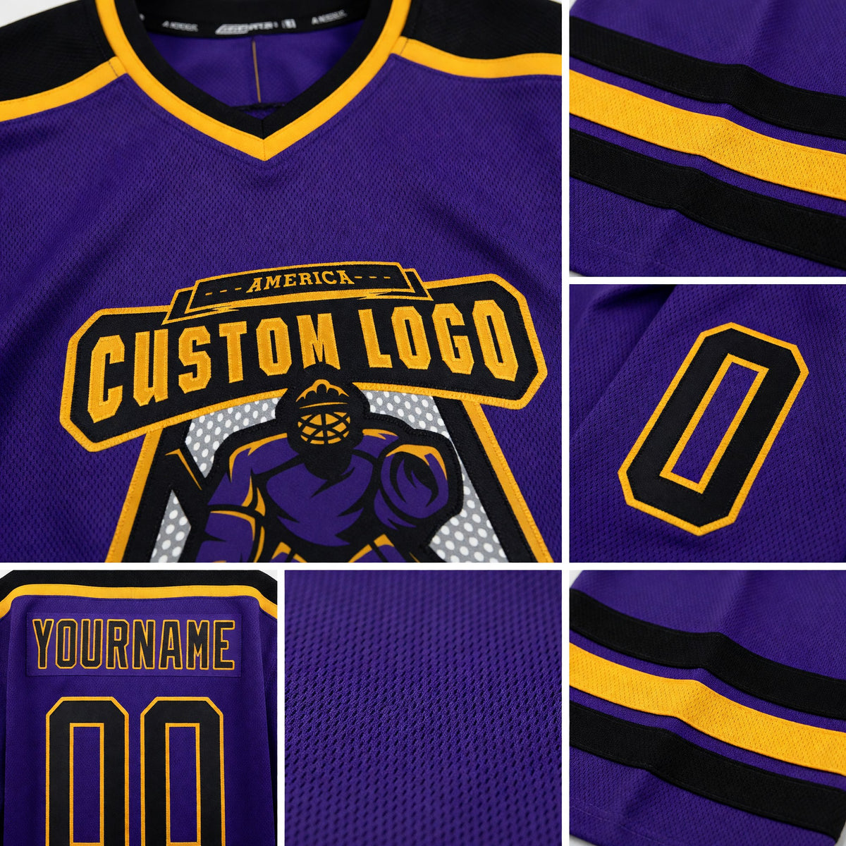 Custom Purple Black-Old Gold Hockey Jersey detail