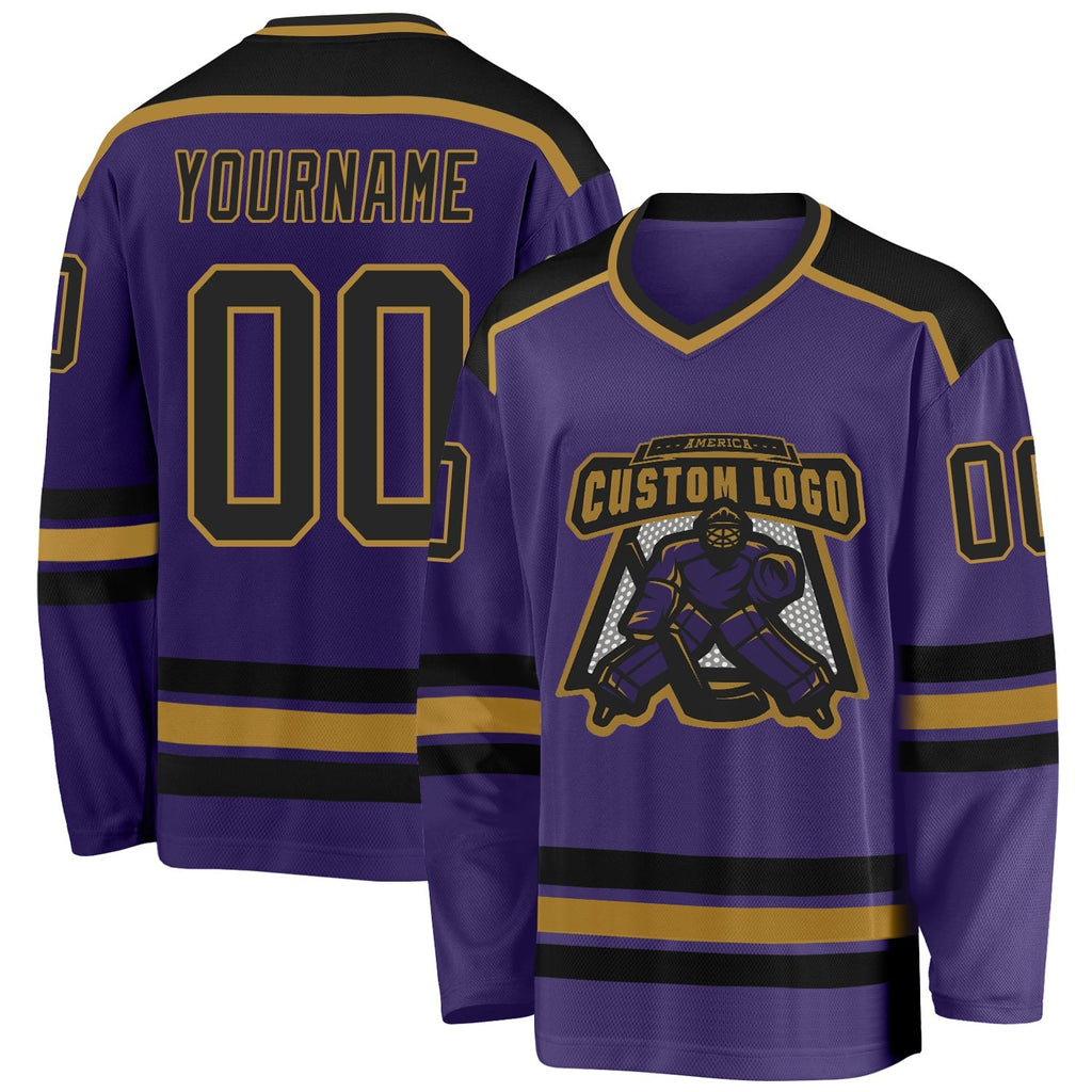 Custom Purple Black-Old Gold Hockey Jersey photo 1