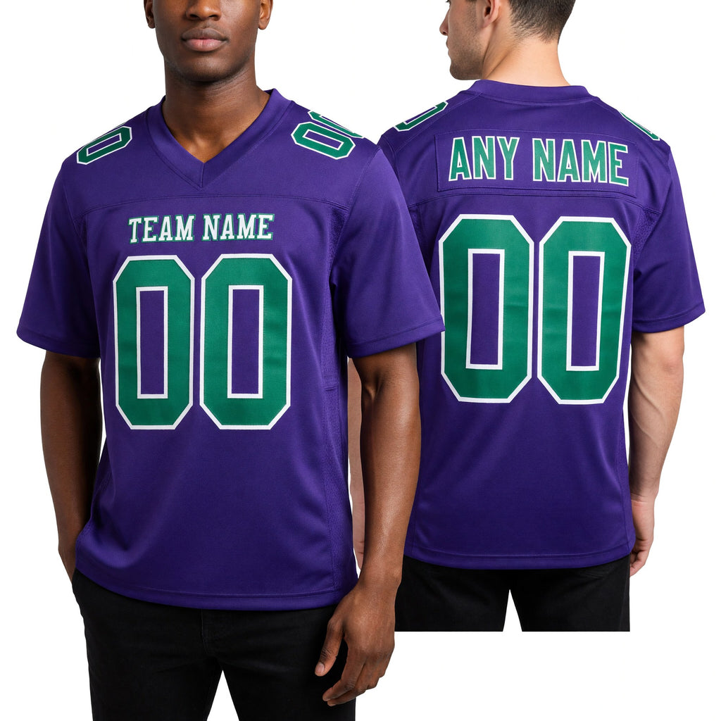 Custom Purple Kelly Green-White Mesh Authentic Football Jersey worn front and back