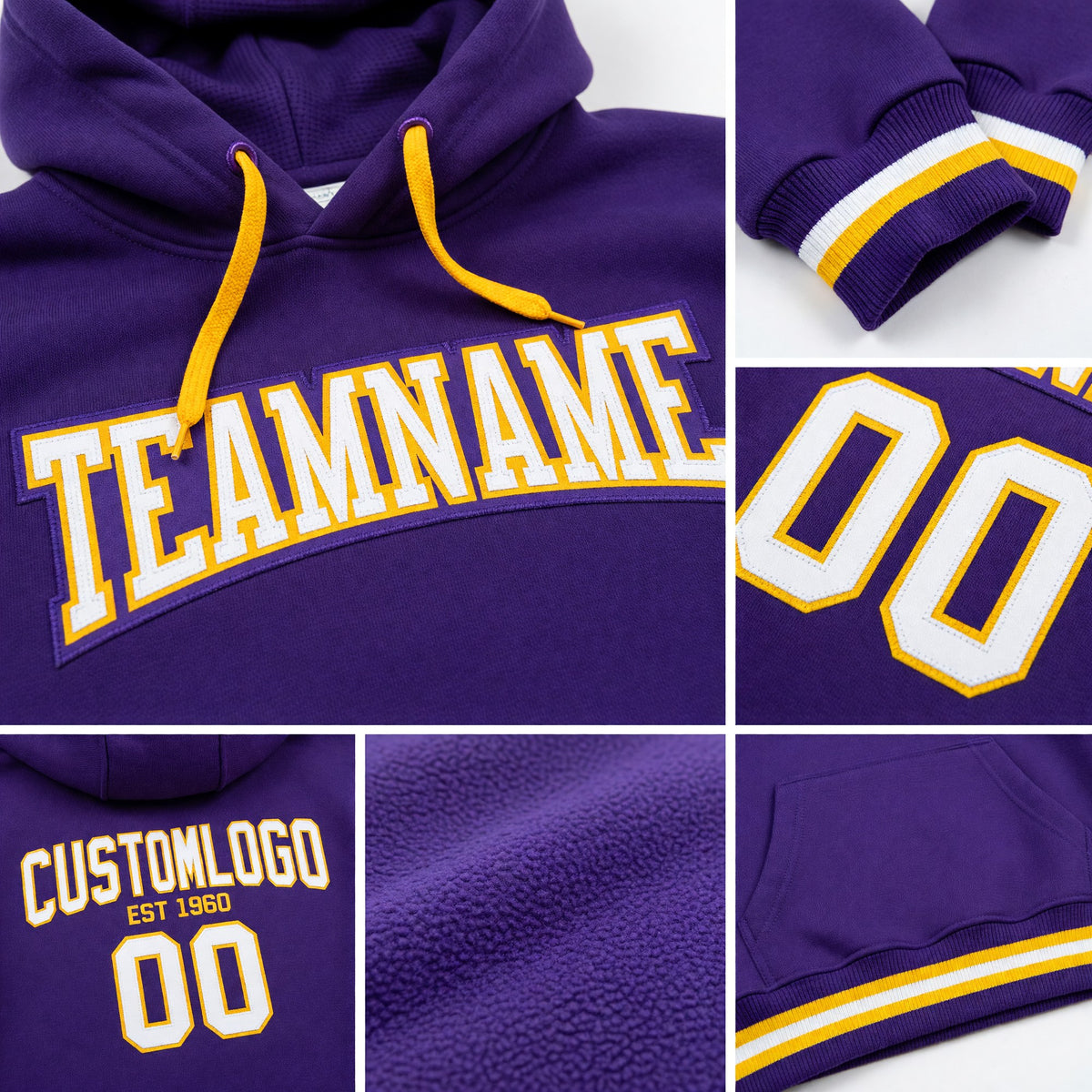 Custom Stitched Purple White-Gold Football Pullover Sweatshirt Hoodie detail