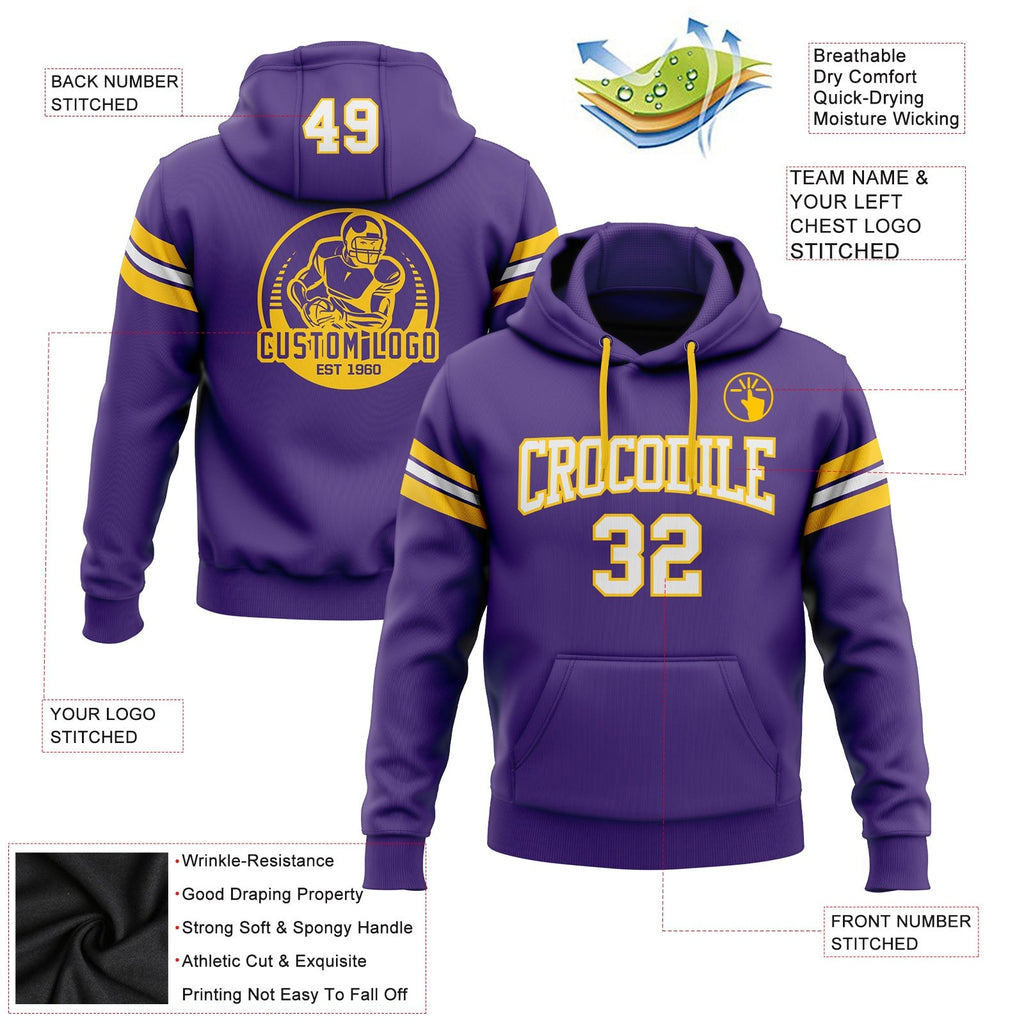 Custom Stitched Purple White-Gold Football Pullover Sweatshirt Hoodie photo 2