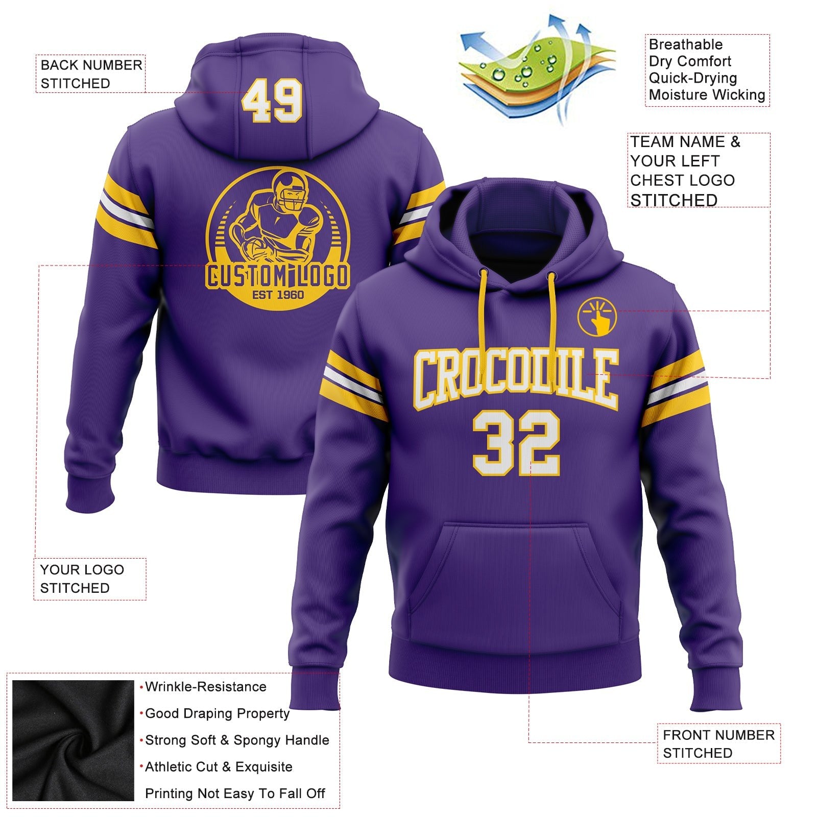 Custom Stitched Purple White-Gold Football Pullover Sweatshirt Hoodie photo 2
