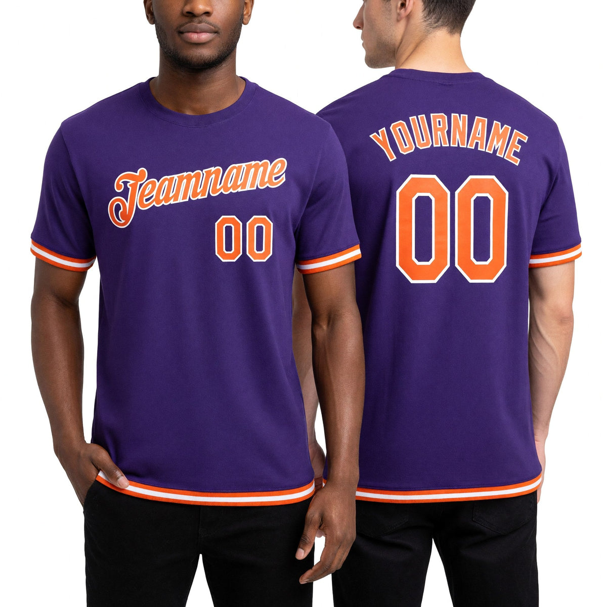 Custom Purple Orange-White Performance T-Shirt worn front and back
