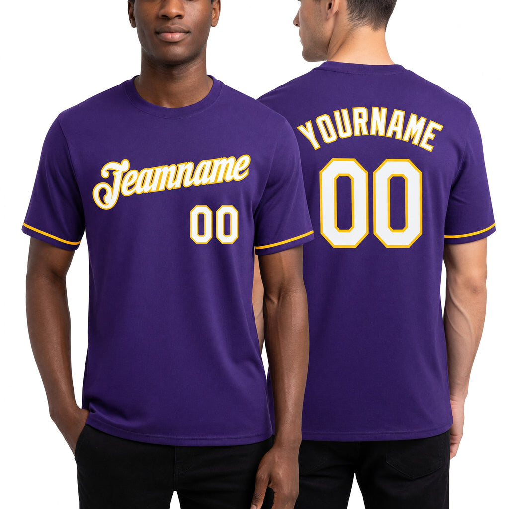 Custom Purple White-Gold Performance T-Shirt worn front and back