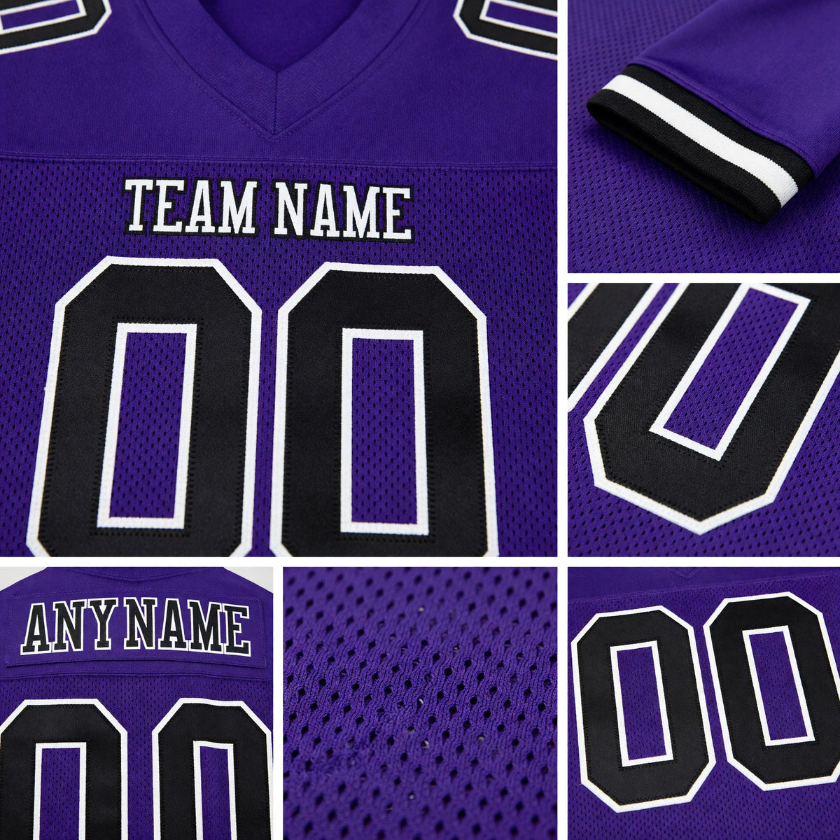 Custom Purple Black-White Mesh Authentic Football Jersey detail