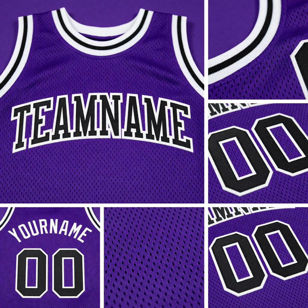 Custom Purple Black-White Authentic Throwback Basketball Jersey detail