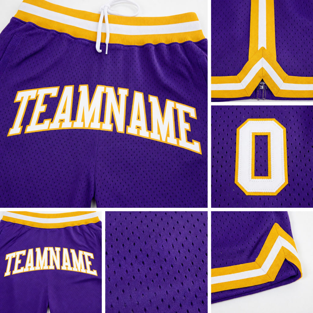 Custom Purple White-Gold Authentic Throwback Basketball Shorts detail