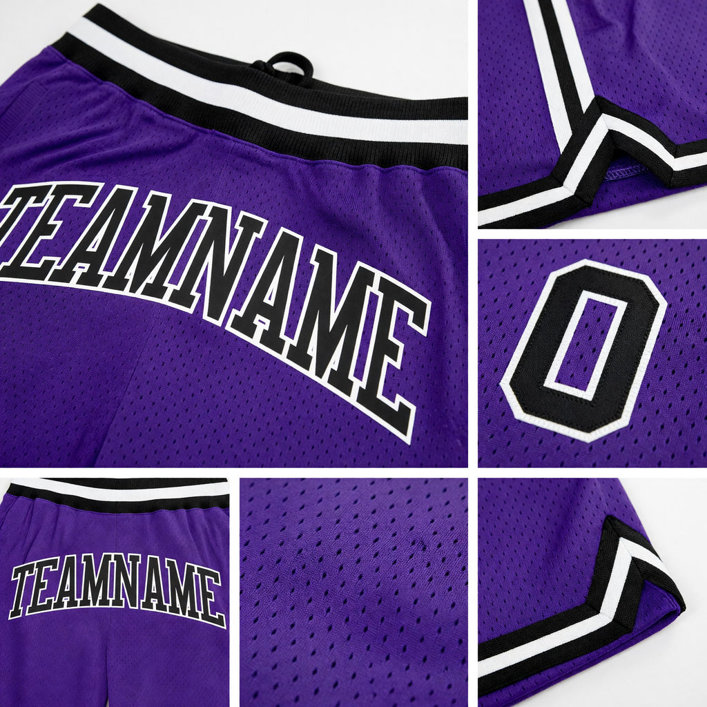 Custom Purple Black-White Authentic Throwback Basketball Shorts detail