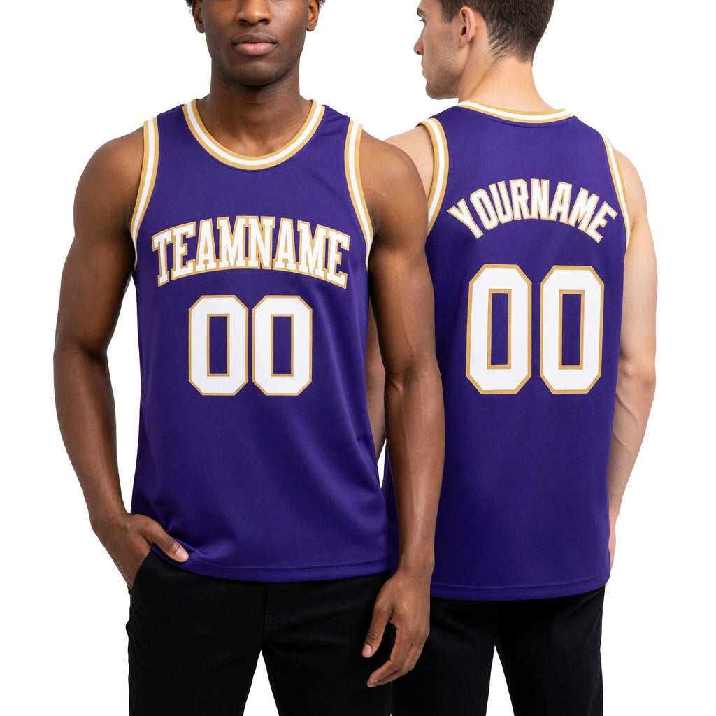 Custom Purple White-Old Gold Authentic Throwback Basketball Jersey worn front and back