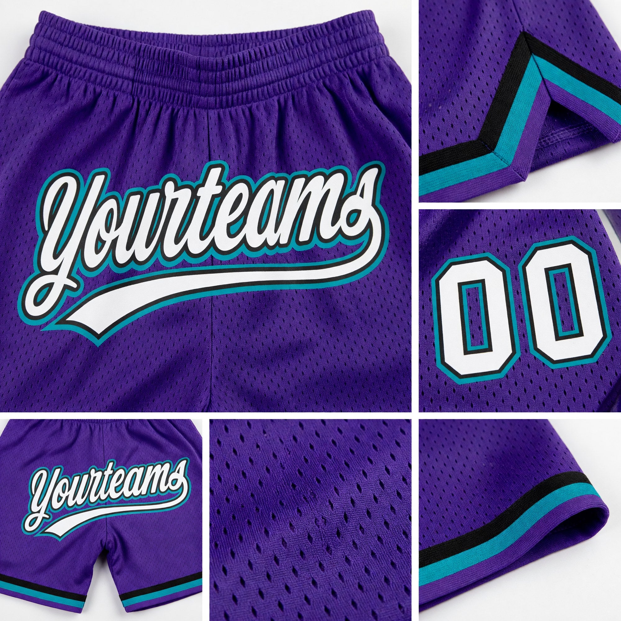 Custom Purple White Black-Teal Authentic Throwback Basketball Shorts detail