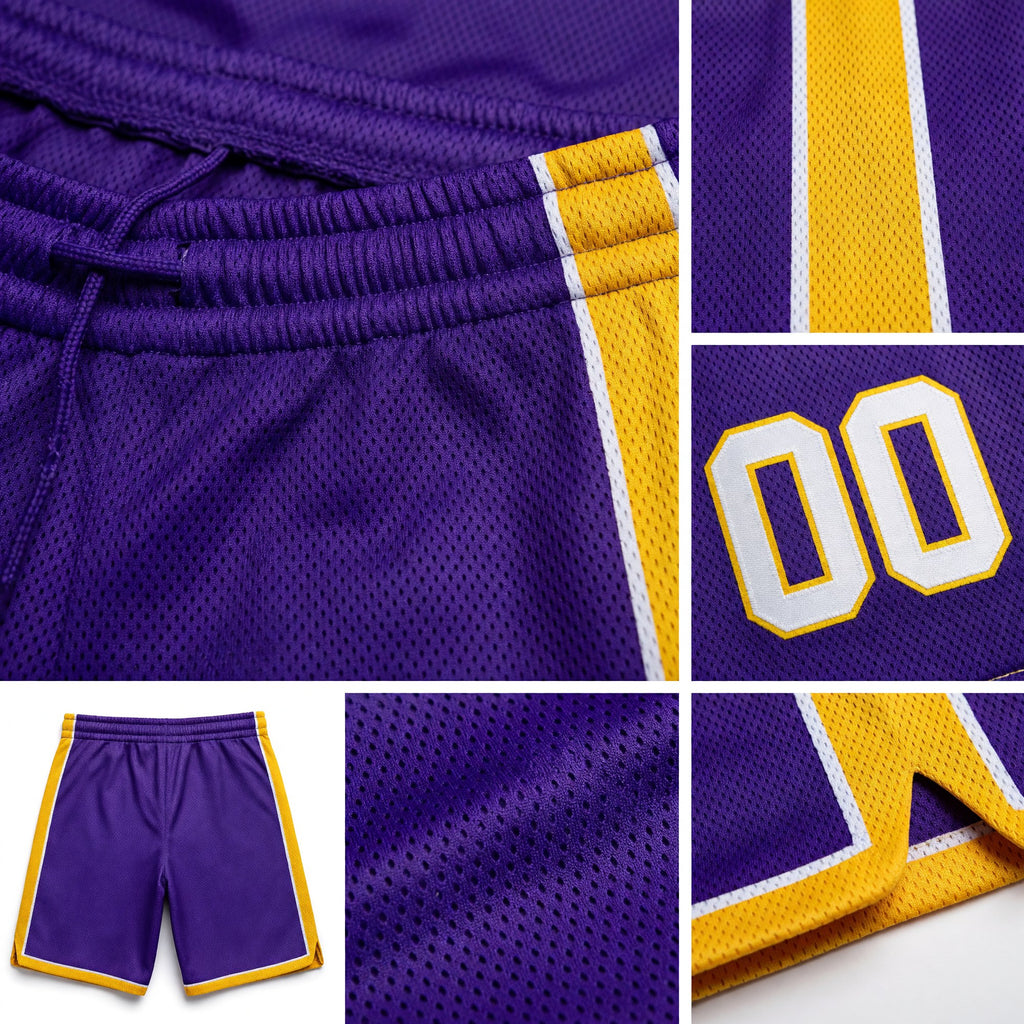 Custom Purple White-Yellow Authentic Basketball Shorts detail