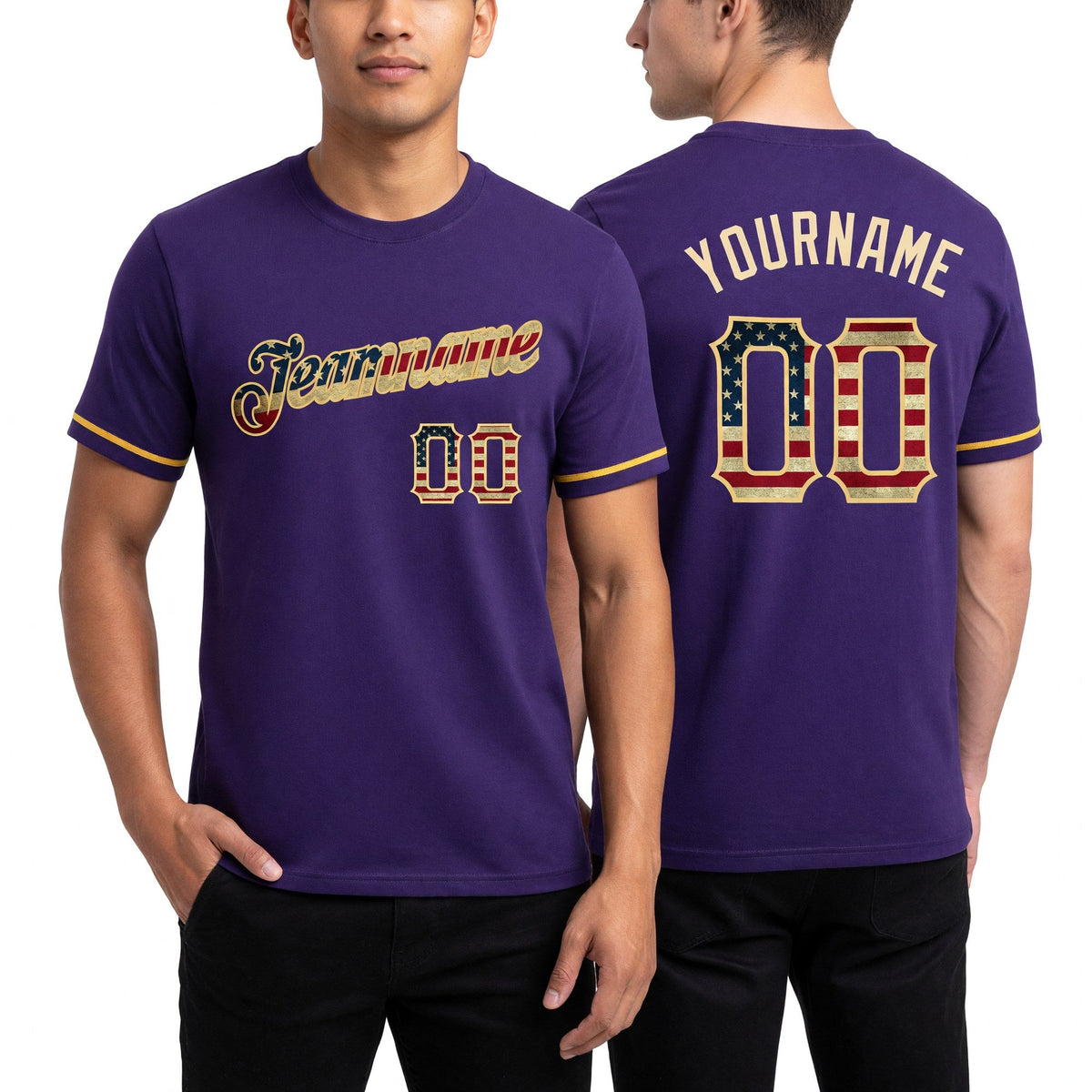 Custom Purple Vintage USA Flag-City Cream Performance T-Shirt worn front and back