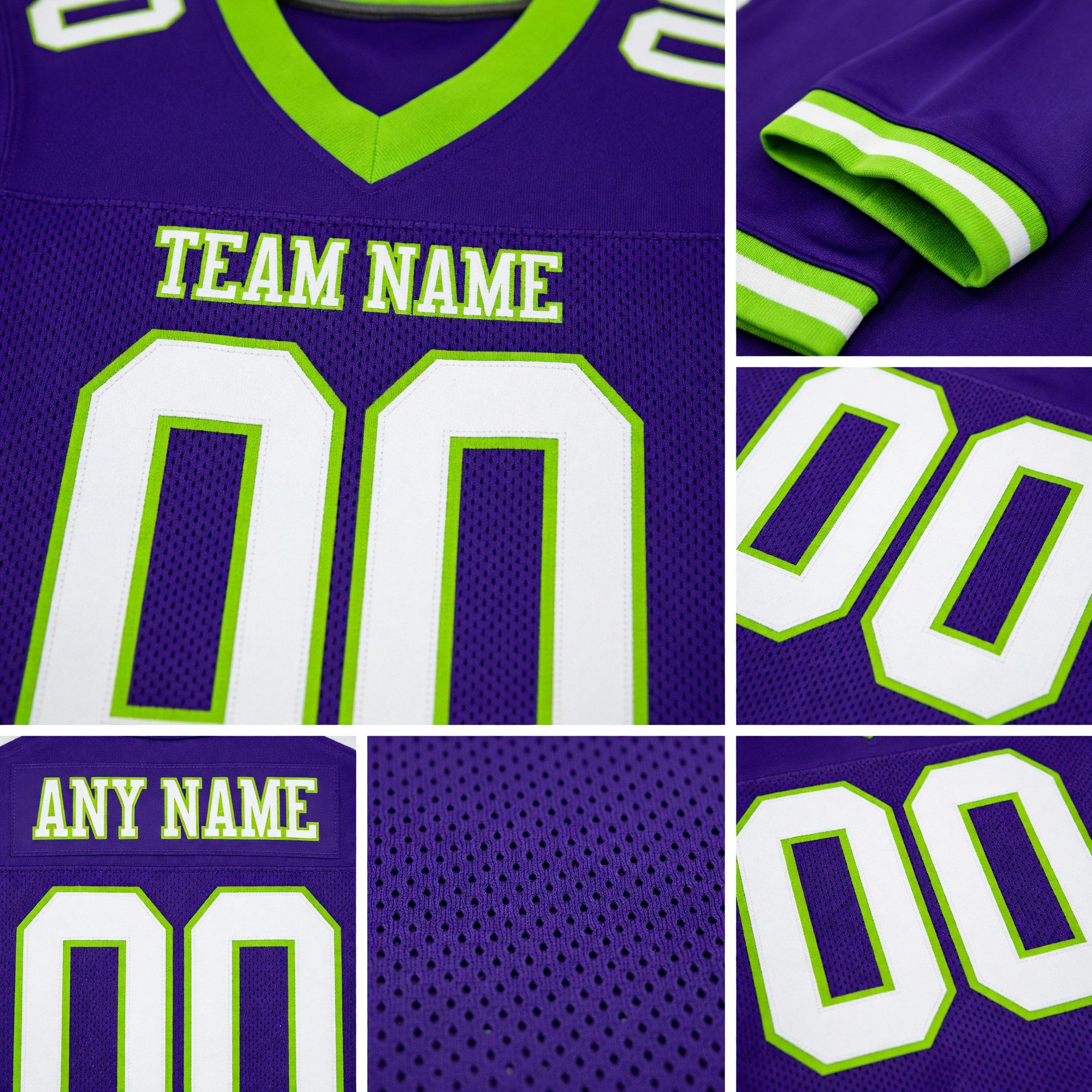 Custom Purple White-Neon Green Mesh Authentic Football Jersey detail