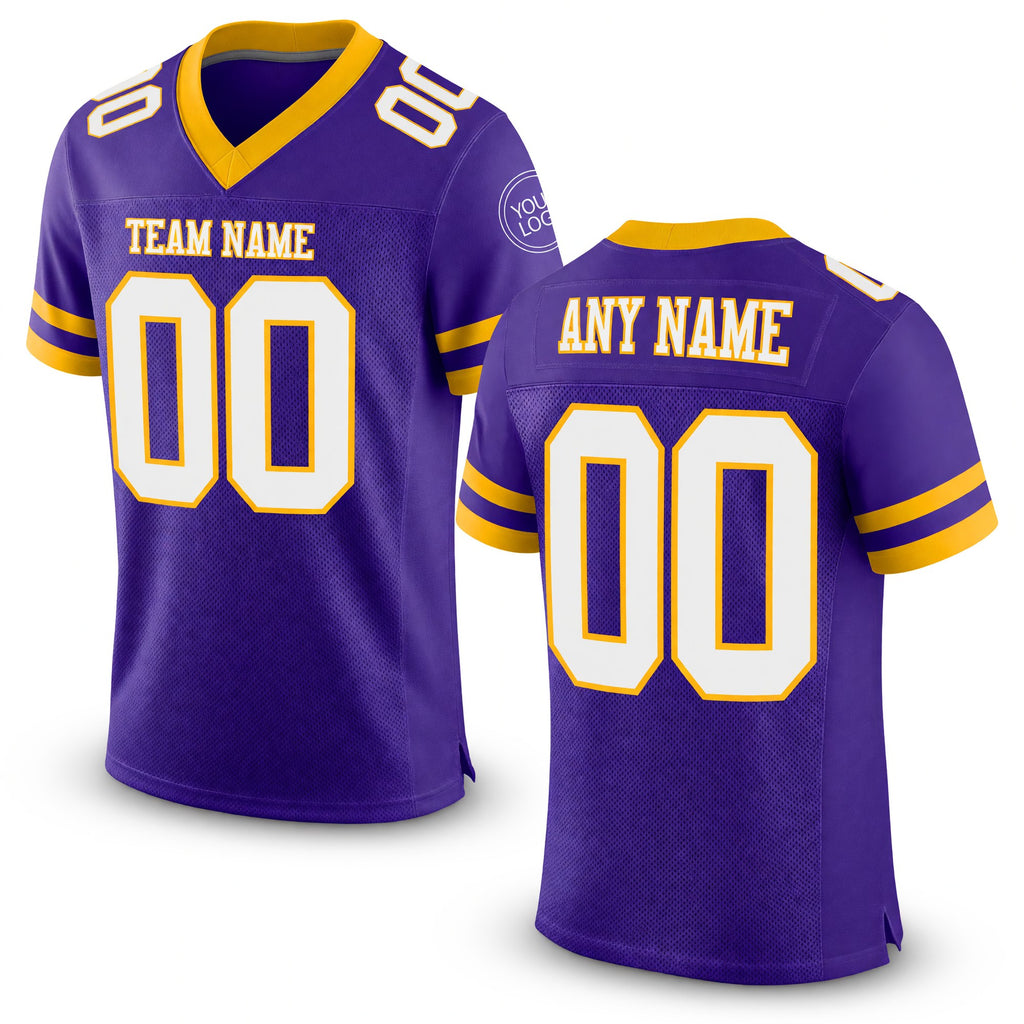 Custom Purple White-Gold Mesh Authentic Football Jersey