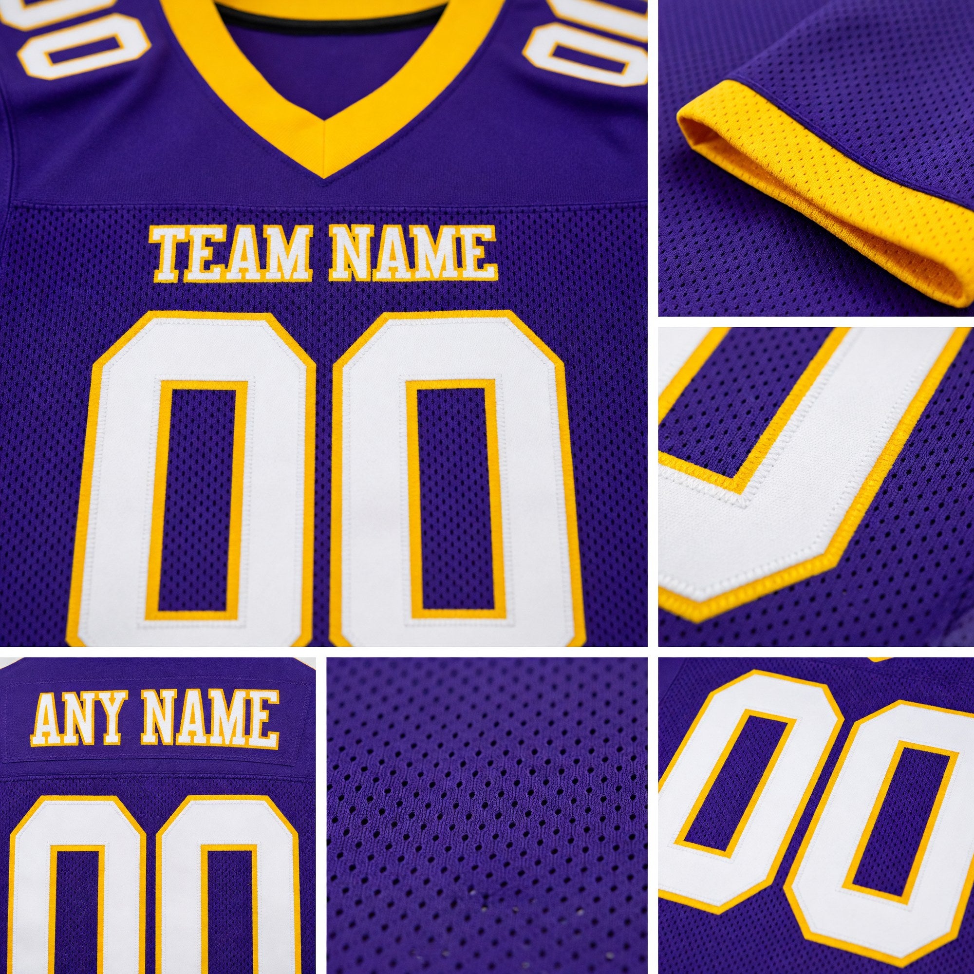Custom Purple White-Gold Mesh Authentic Football Jersey detail