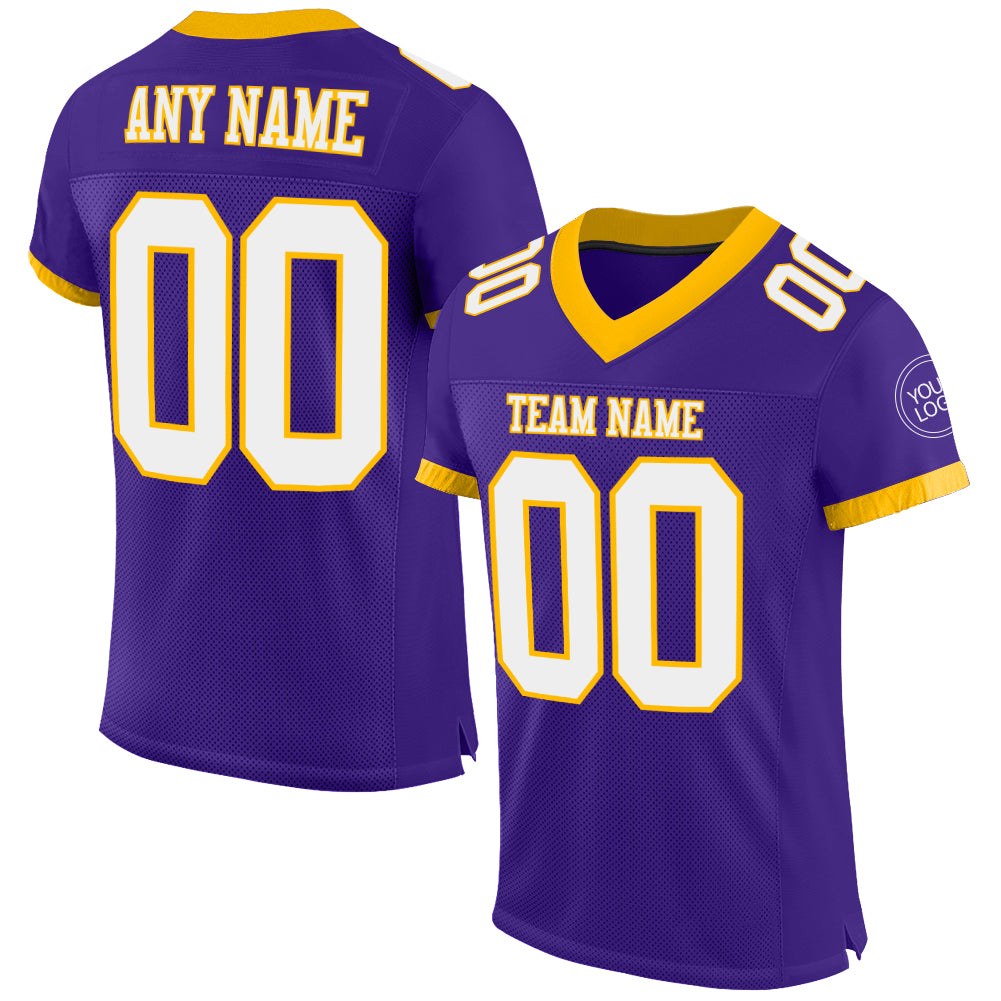 Custom Purple White-Gold Mesh Authentic Football Jersey photo 1