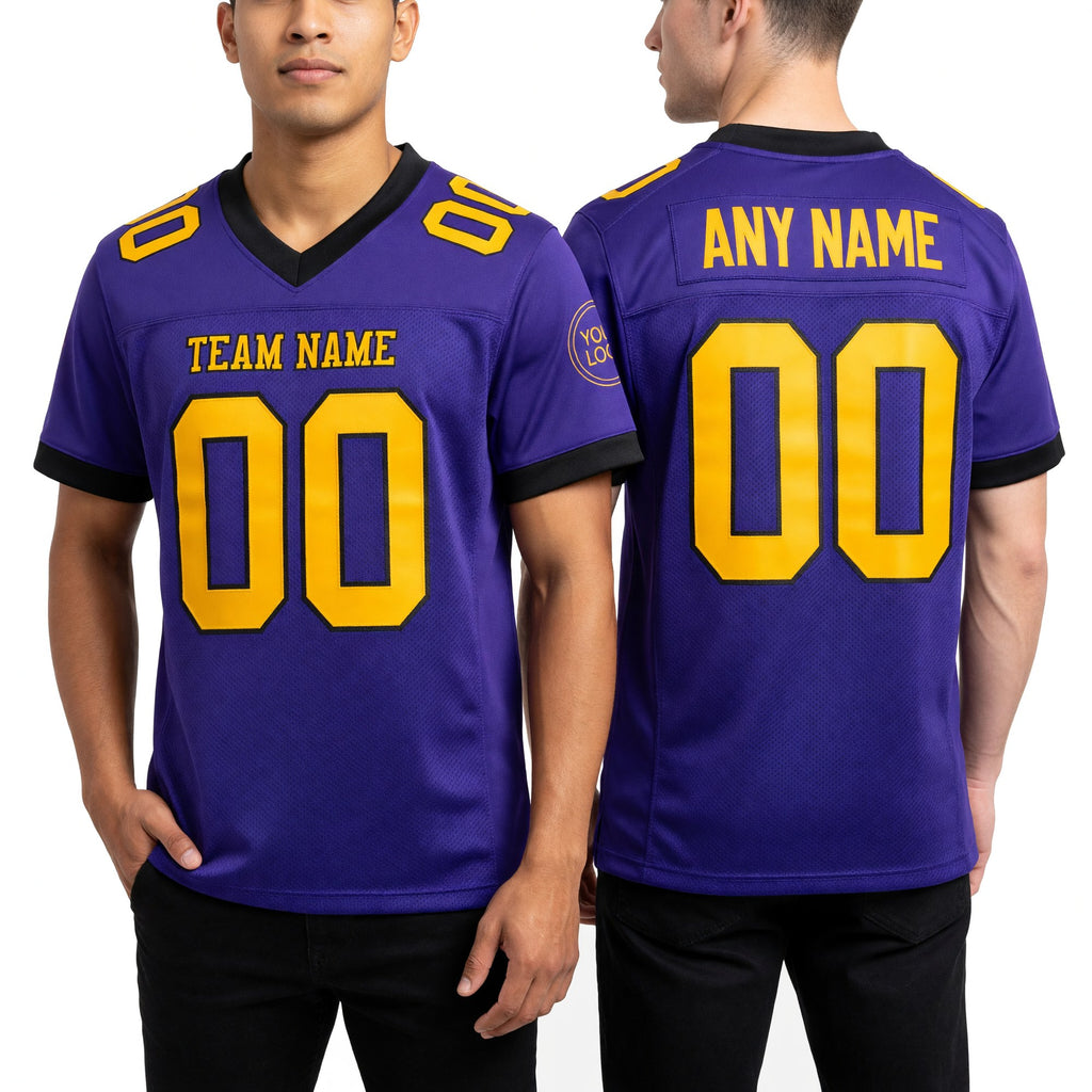 Custom Purple Gold-Black Mesh Authentic Football Jersey worn front and back