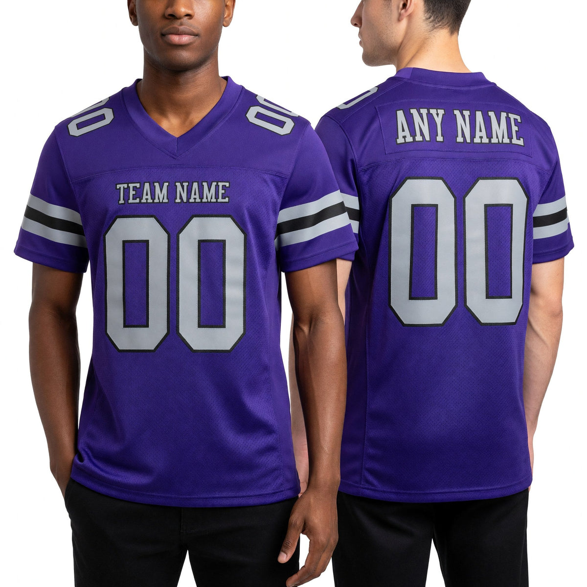 Custom Purple Gray-Black Mesh Authentic Football Jersey worn front and back