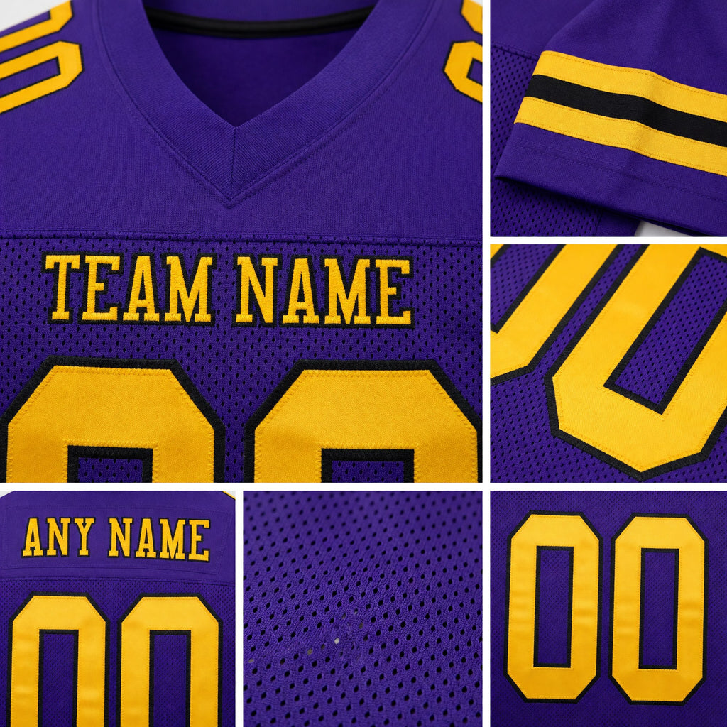 Custom Purple Gold-Black Mesh Authentic Football Jersey detail