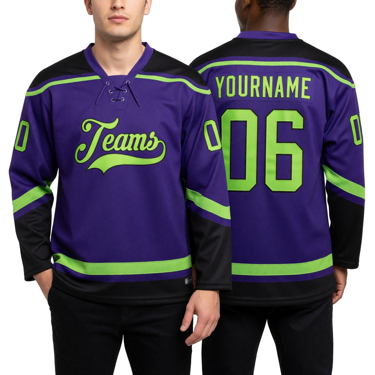 Custom Purple Neon Green-Black Hockey Lace Neck Jersey worn front and back