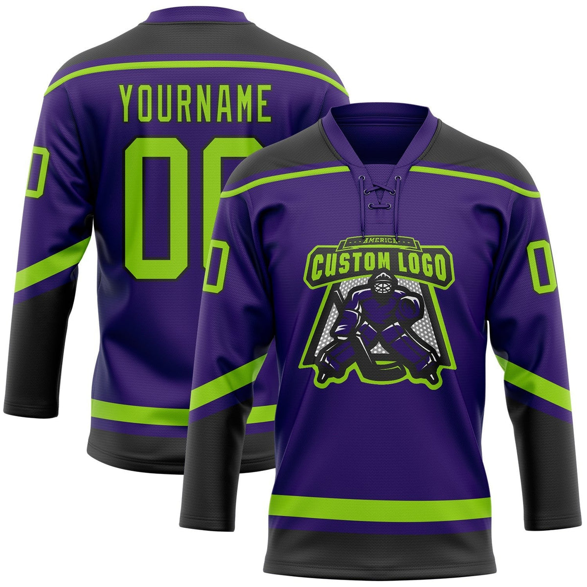 Custom Purple Neon Green-Black Hockey Lace Neck Jersey photo 2