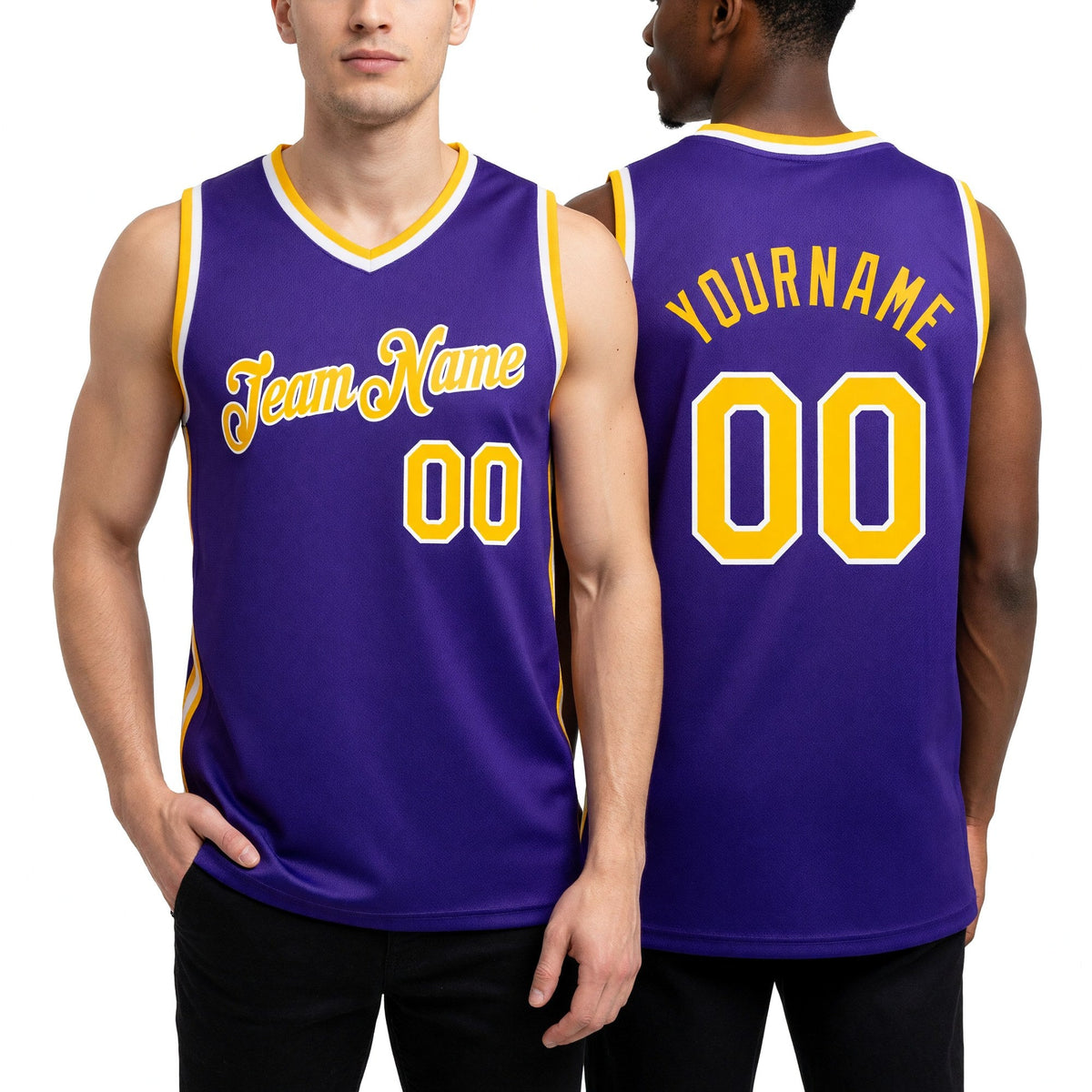 Custom Purple Gold-White Authentic Throwback Basketball Jersey worn front and back