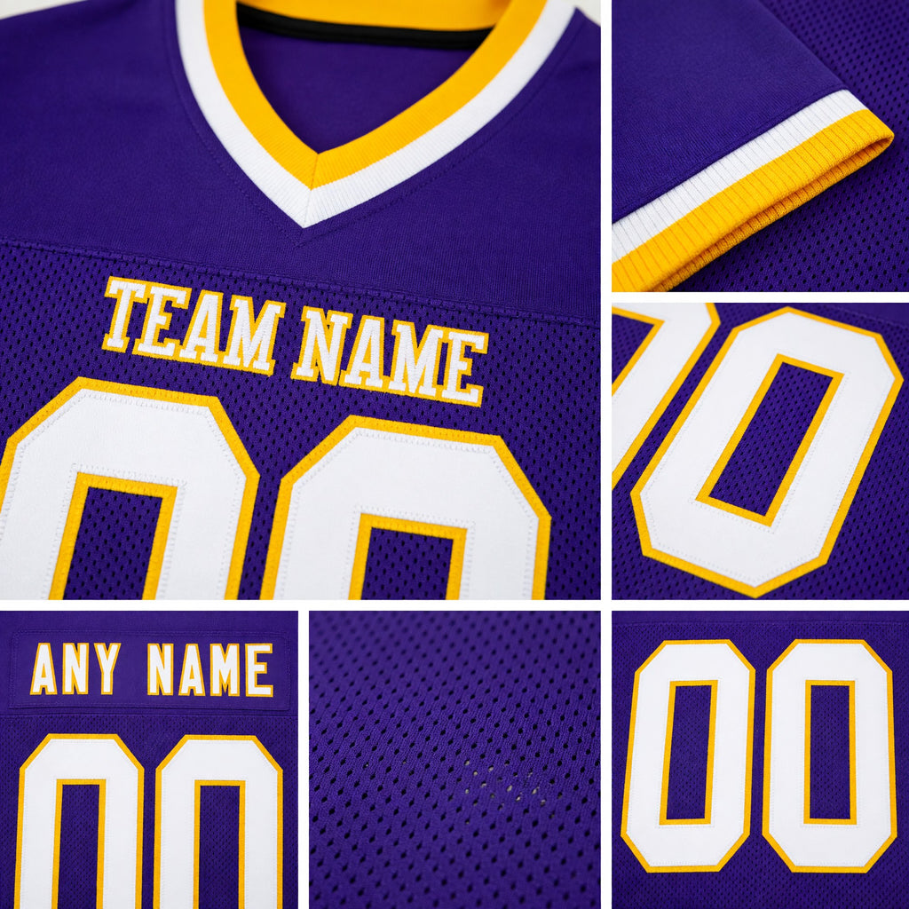 Custom Purple White-Gold Mesh Authentic Throwback Football Jersey detail