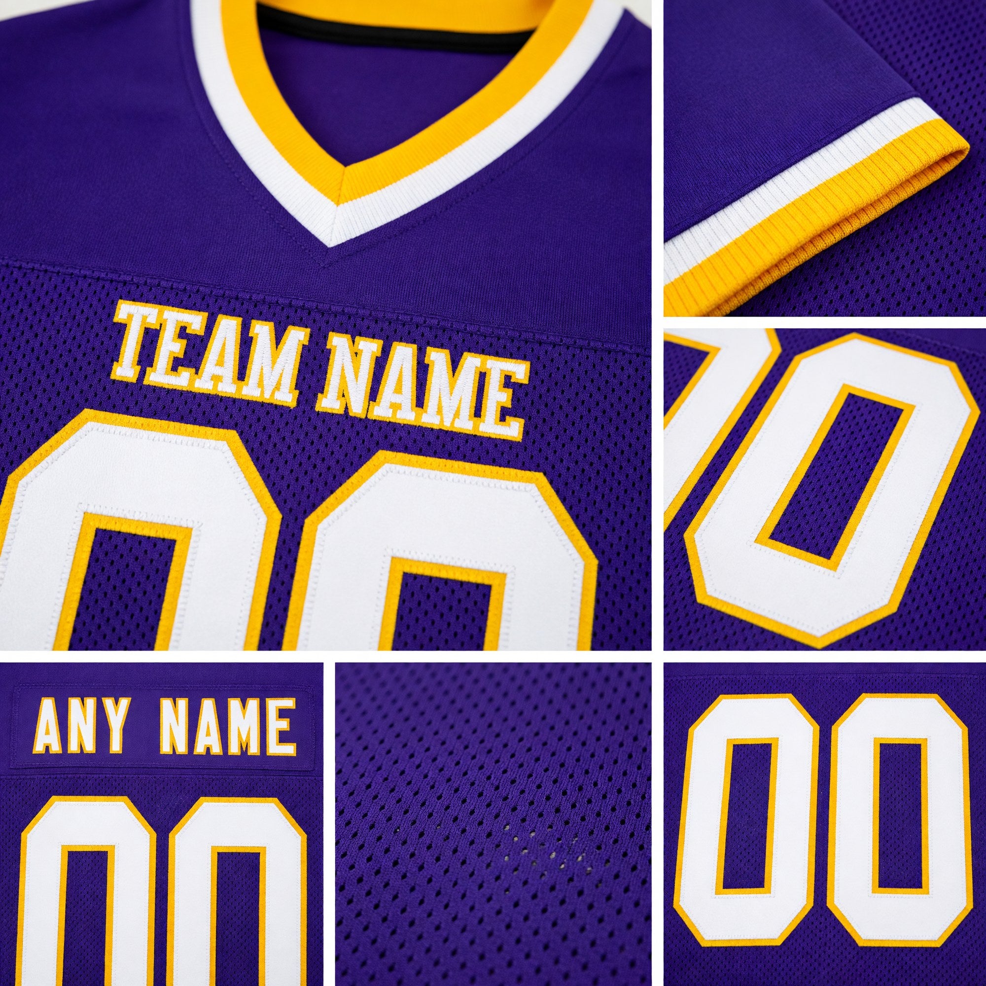 Custom Purple White-Gold Mesh Authentic Throwback Football Jersey detail