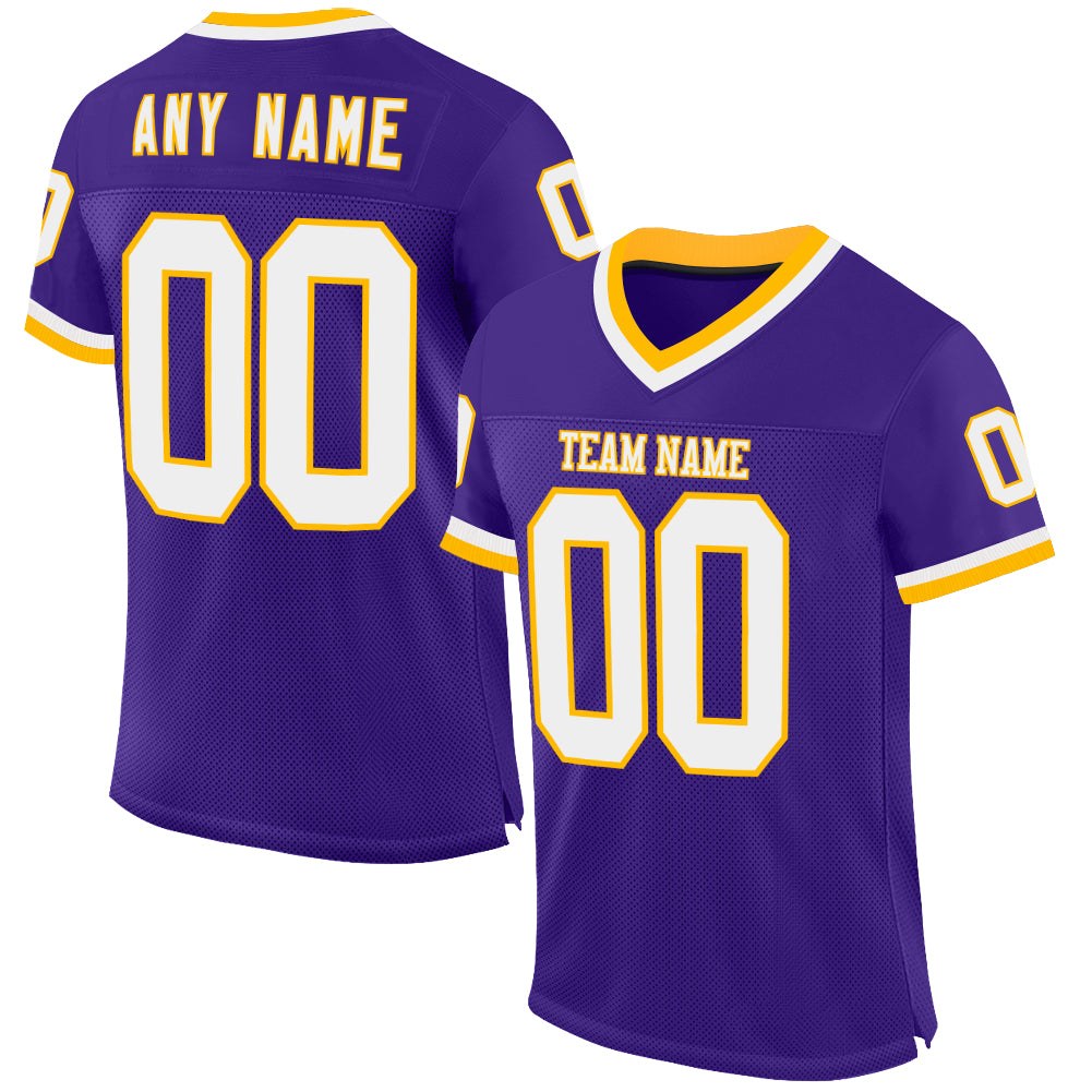 Custom Purple White-Gold Mesh Authentic Throwback Football Jersey photo 1